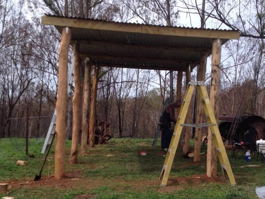 An open shed with timber poles stands on green grass in front of burnt-out trees.