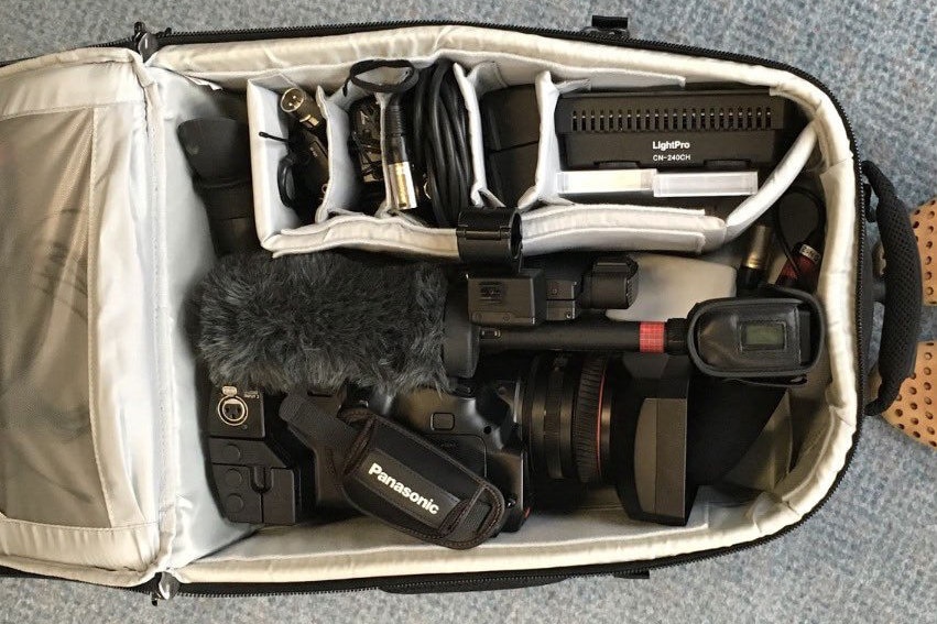 Camera equipment and microphones in bag used by Ashlynne McGhee when working as a VJ on Story Hunters.