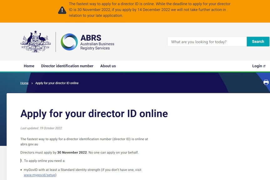 The website for registering for a Director ID through the ABRS website.