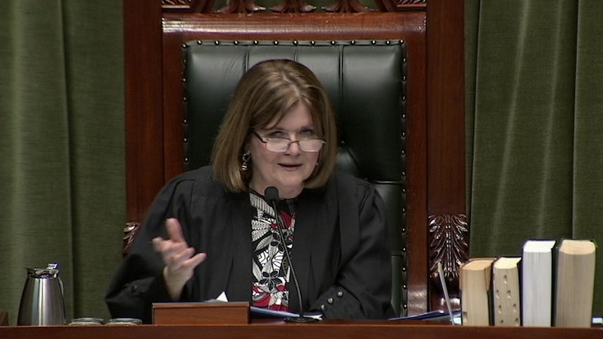 Shelley Hancock sits in the Speaker's chair