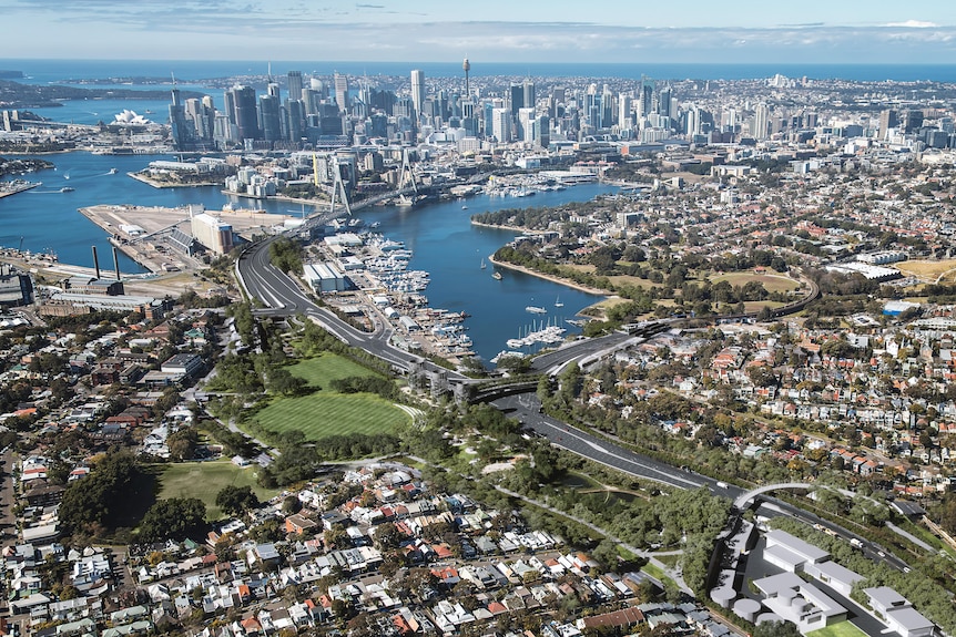 Una fotografía aérea que muestra la ciudad de Sydney con el desarrollo de la autopista Rozelle en el centro.
