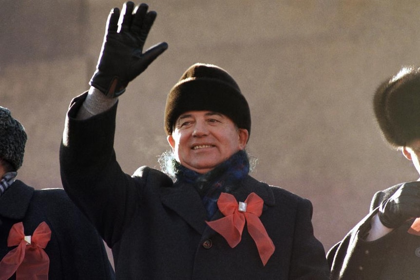Mikhail Gorbachev waves in Moscow' s Red Square during the 70th anniversary of the Russian Revolution.