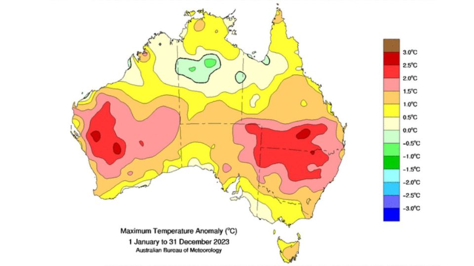 Temperatures were above average across most of Australia in 2023