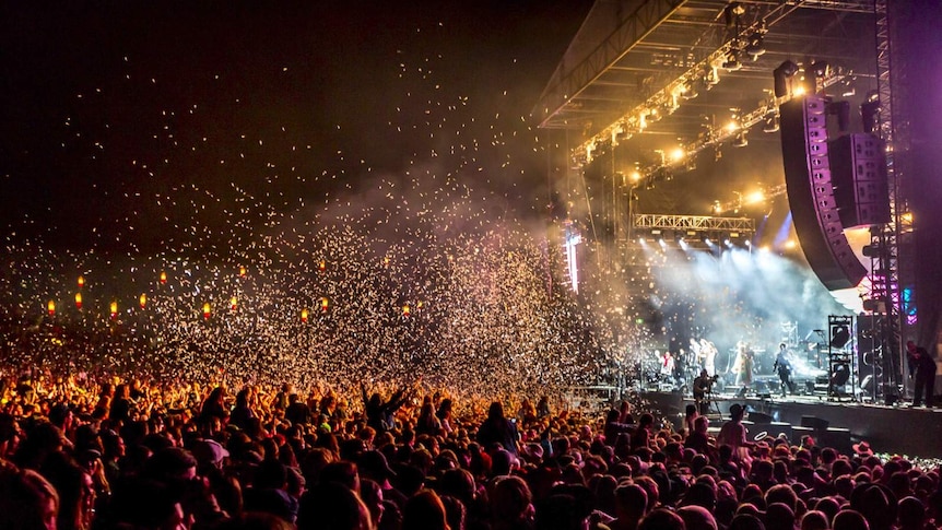 A shot of the Amphitheatre crowd showered in confetti at Peking Duk's Splendour In The Grass set