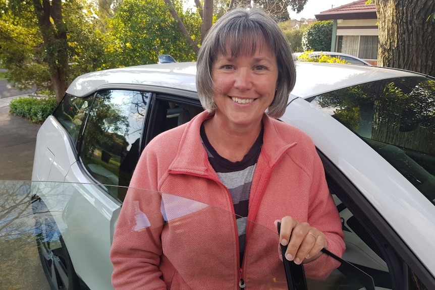 A woman in a pink jumper near an electric vehicle.