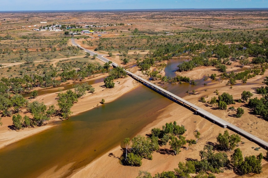 Drone shot from the air of a brown and green river, a bridge crossing it and a small town in the background