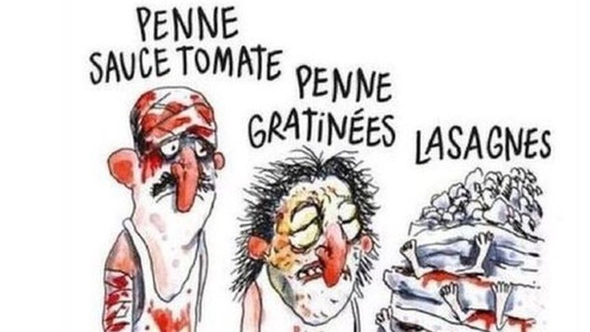 A cartoon man with the worlds "penne sauce tomato" written above, next to a woman with "penne gratinees" and victims being crushed by sheets of lasagna