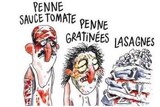 A cartoon man with the worlds "penne sauce tomato" written above, next to a woman with "penne gratinees" and victims being crushed by sheets of lasagna