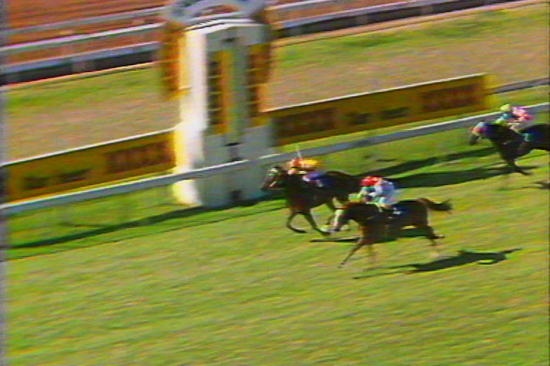 A photo of the finish of a horse race, with two horses neck and neck as they cross the finish line.