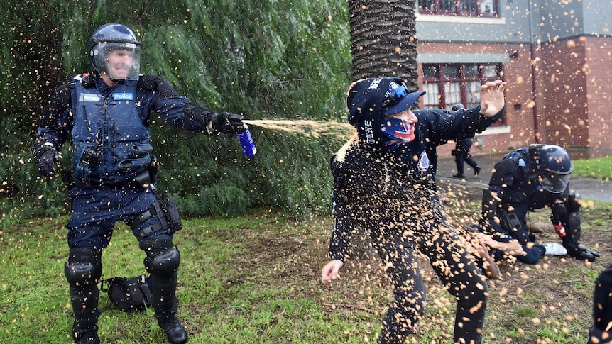 Police deploy capsicum spray as anti-immigration and anti-racism protesters clash in Coburg in Melbourne