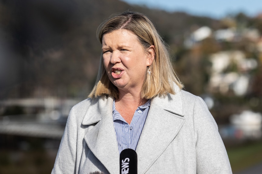 Bridget Archer squints into the sun as she talks into a microphone.