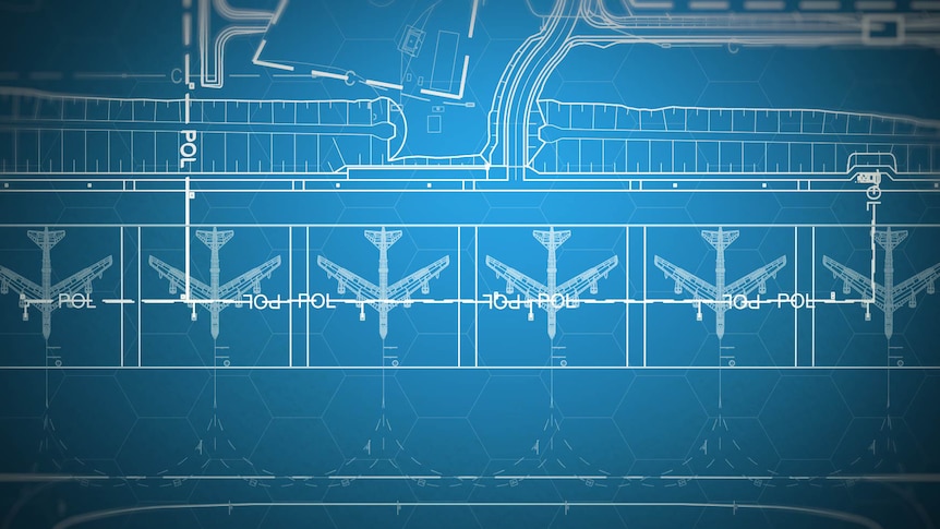 Blueprint plans for an air base. Diagram shows the locations of six bomber aircraft in a row.