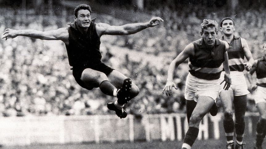 A Melbourne VFL star, Ron Barassi, is pictured grimacing in mid-air as he kicks the ball downfield while defenders chase him.