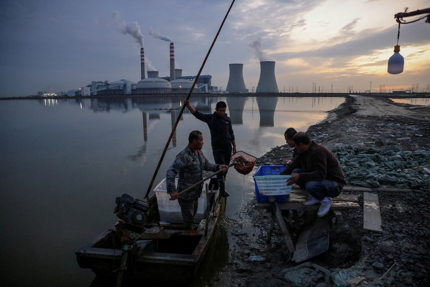 天津渔民在电厂旁捕鱼