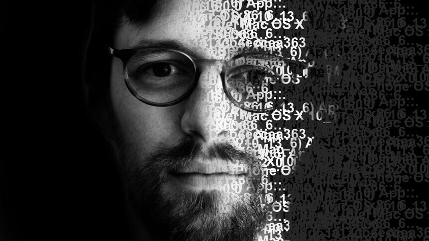 A photo illustration showing a man's face morphing into lines of computer code.