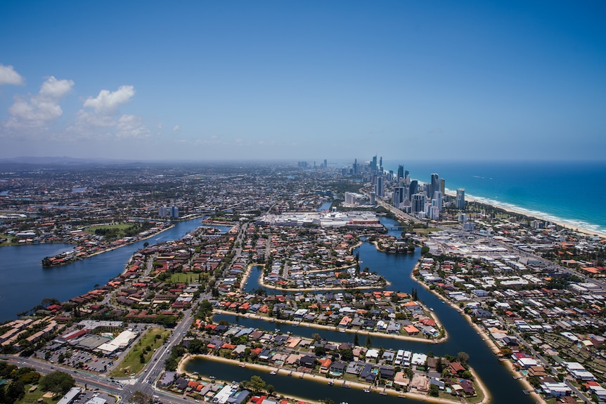 An aerial view of the Gold Coast canal network