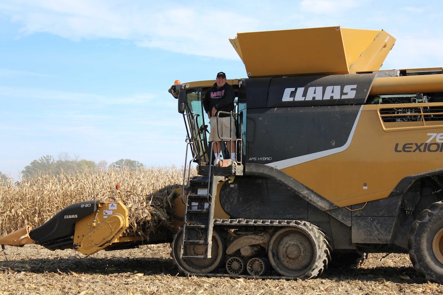 A combine harvester drives down a corn field.