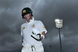 Captain Steve Smith leaves the field after Australia bowled out for 85 in Hobart