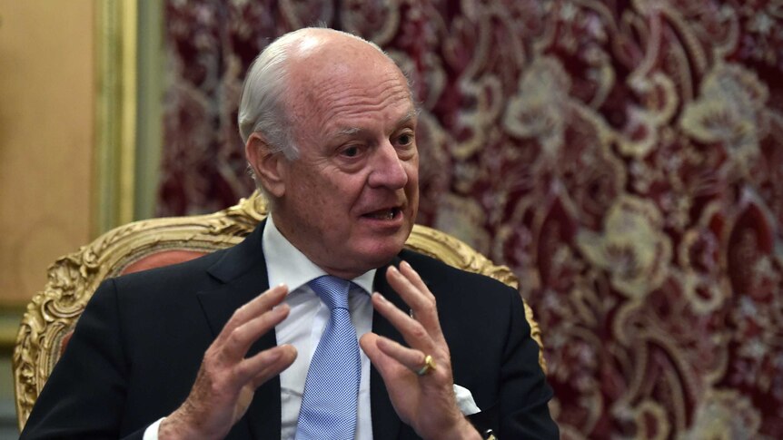UN envoy for Syria Staffan de Mistura speaks during a meeting with the Russian Foreign Minister.