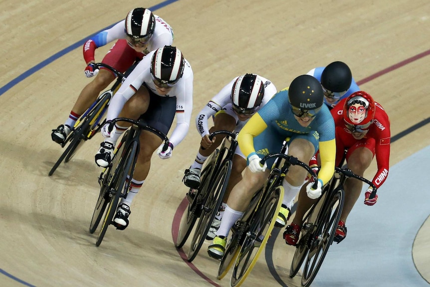 Anna Meares competes in the Rio Keirin heats