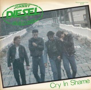 An album cover with four men in leather jackets walking on a bridge.
