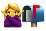 An emoji of a woman crossing her arms next to an emoji of a letterbox with its red flag raised.