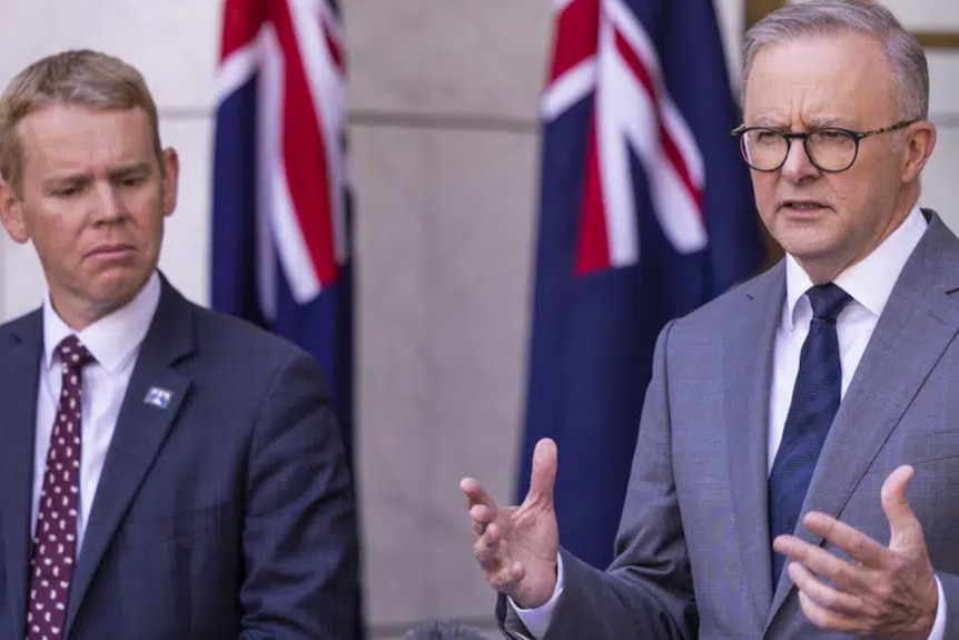 New Zealand Prime Minister Chris Hipkins, left, listens as Australian Prime Minister Anthony Albanese speaks