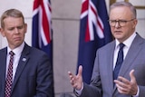 New Zealand Prime Minister Chris Hipkins, left, listens as Australian Prime Minister Anthony Albanese speaks