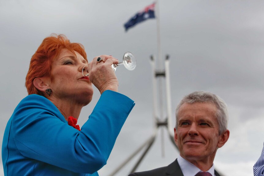 One National Leader Pauline Hanson raises a glass outside Parliament House