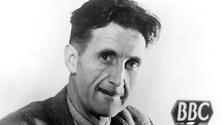 Black and white photo portrait of George Orwell.