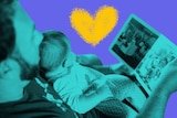 Dad reads a book to a baby sitting on his lap to depict family time.