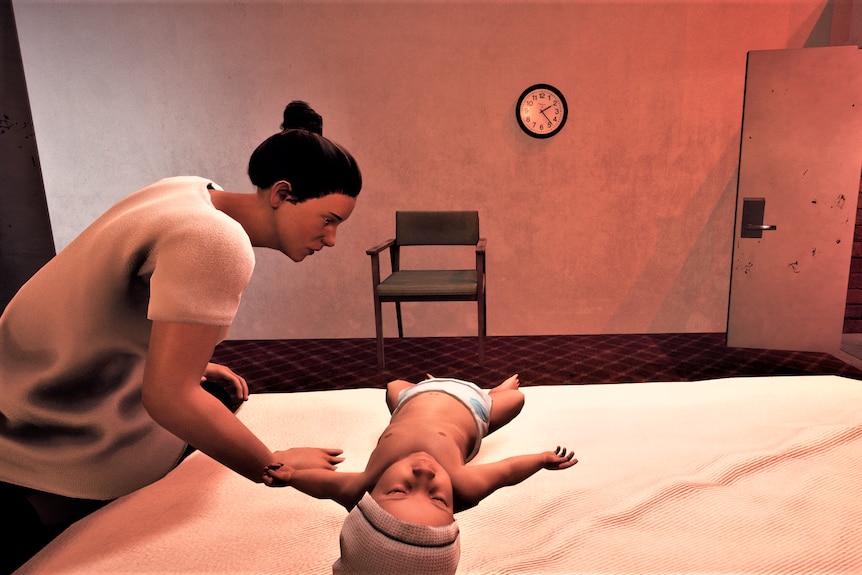 In this VR scenario, a mother sits on a bed with her sick baby, waiting for paramedics to arrive.
