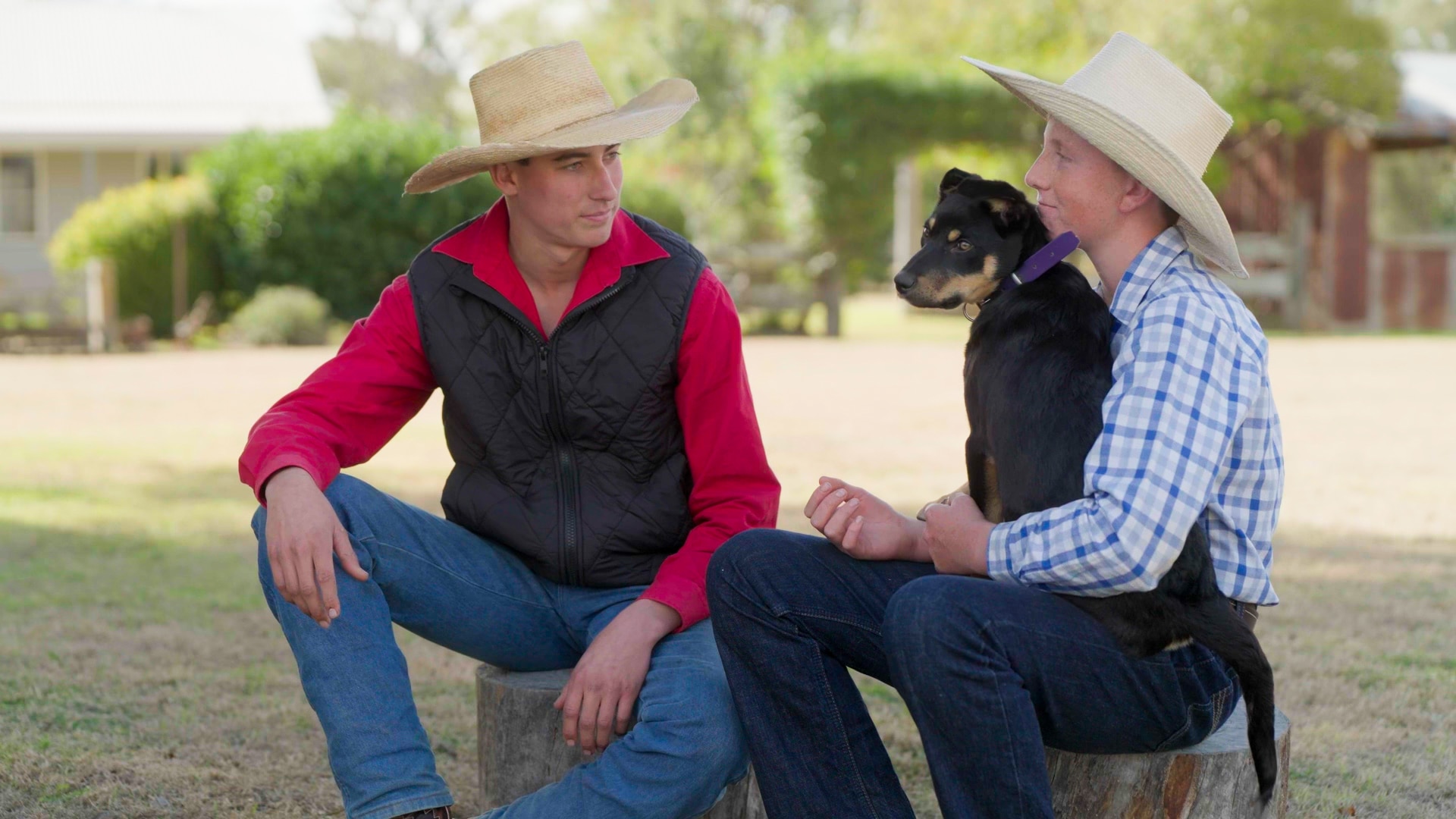 Un joven se sienta junto a un niño que sostiene un cachorro Kelpie en su regazo.