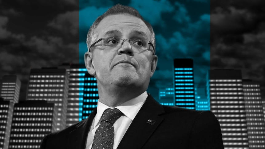 Graphic of Scott Morrison standing in front of office towers.