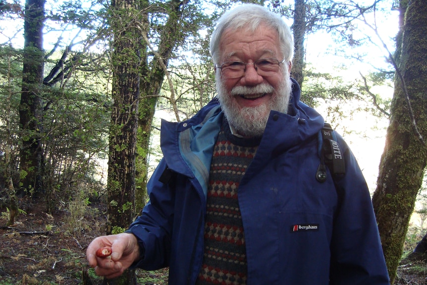 An older man with grey hair, a beard and glasses smiles as he holds a small fungus in a forest.