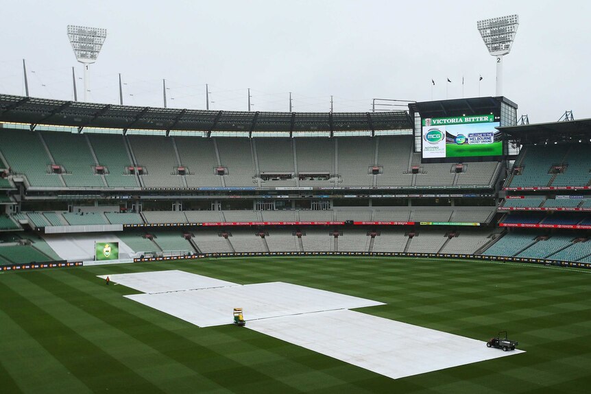The MCG with rain covers on before day one of the second Test between Australia and West Indies.