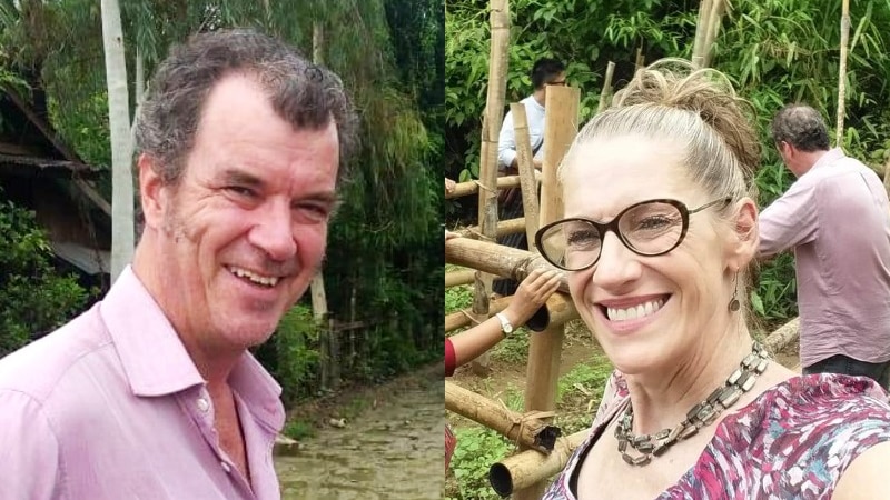 A diptych of a man and woman in pink and purple garments look into the camera in front of a verdant backdrop.