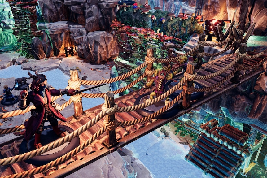 A screenshot of a video game showing a character walking across a bridge.