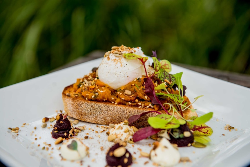 Cooked eggs on toast, with roasted pumpkin, beetroot puree, whipped feta and toasted seeds, sitting on a plate