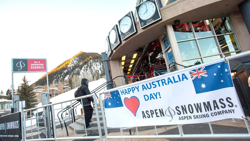An Australia Day banner hangs from a railing at a ski resort in Aspen, Colorado.