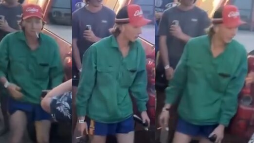 Three pictures of a young blond man in red cap, green shirt and short navy shorts. 