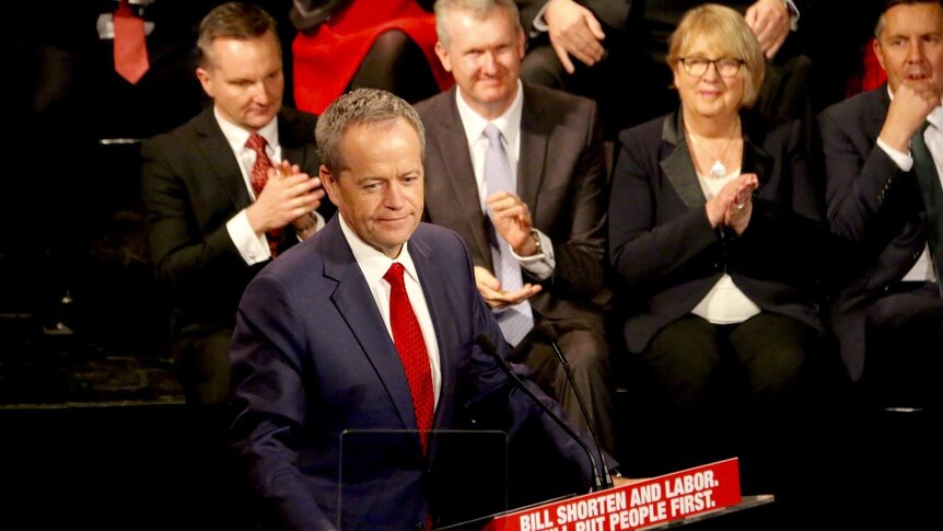 Bill Shorten is applauded at the podium during his speech at the ALP campaign launch. June 19, 2016.