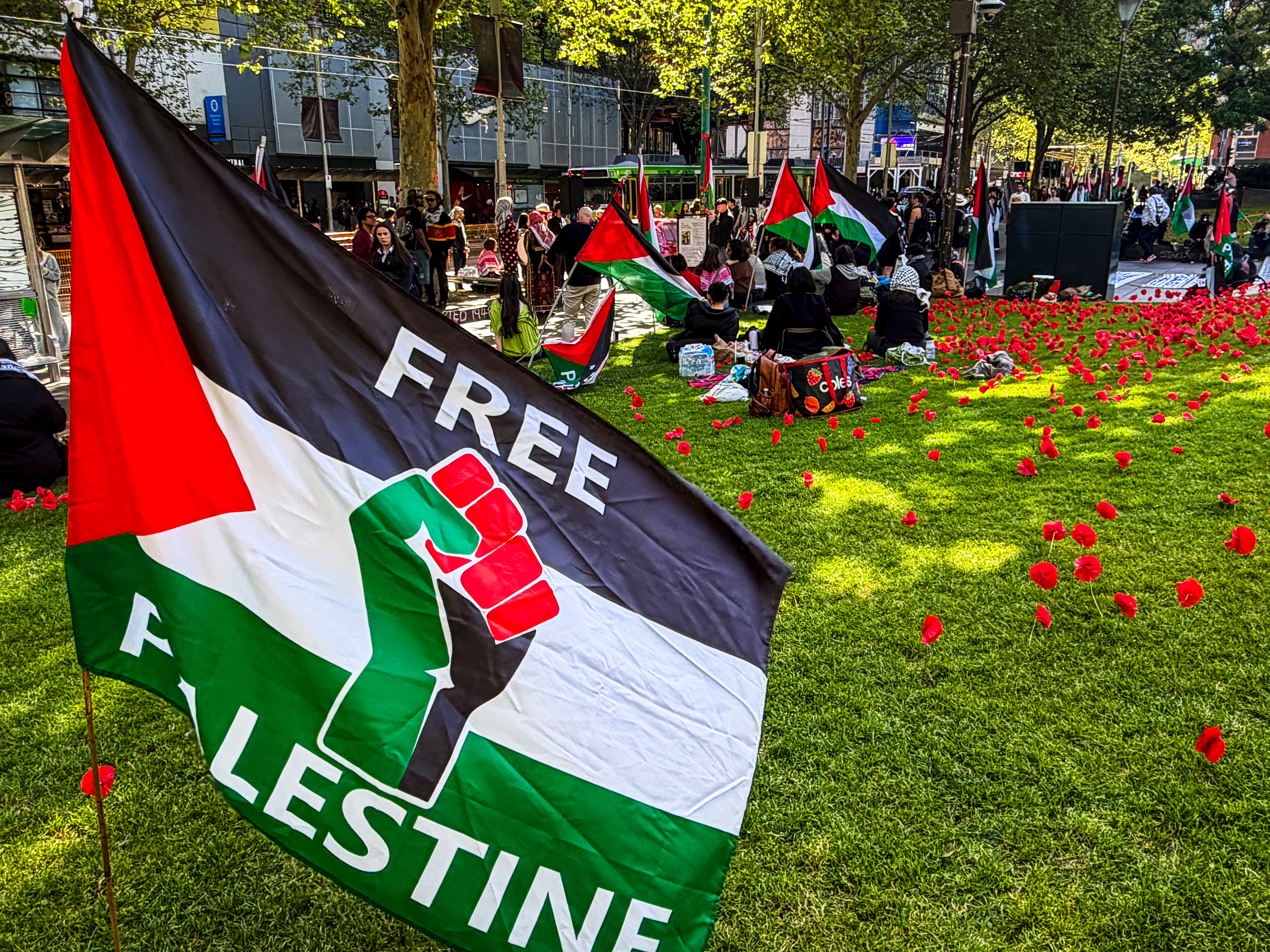 A black, white, green and red flag saying 'free Palestine' planted in the lawn outside the State Library of Victoria.