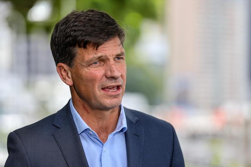 Angus Taylor speaks at a press conference 