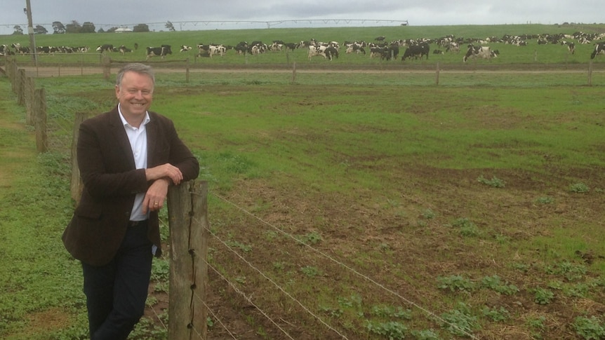 Shadow Agriculture Minister Joel Fitzgibbon visits a dairy farm near Colac, in south west Victoria.
