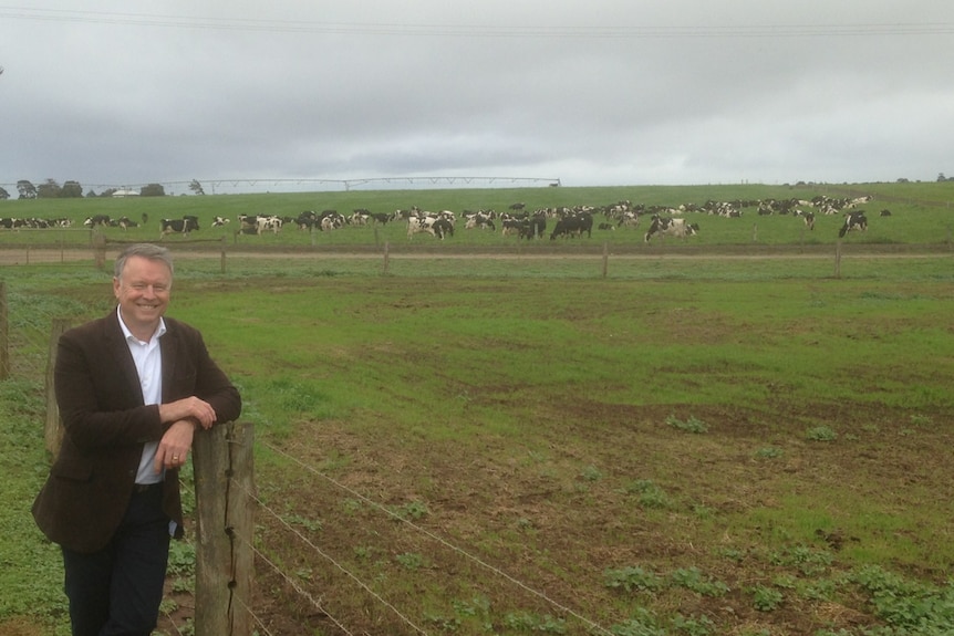 Shadow Agriculture Minister Joel Fitzgibbon visits a dairy farm near Colac, in south west Victoria.