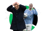 A composite image of Ange Postecoglou holding his head and Erling Haaland celebrating.
