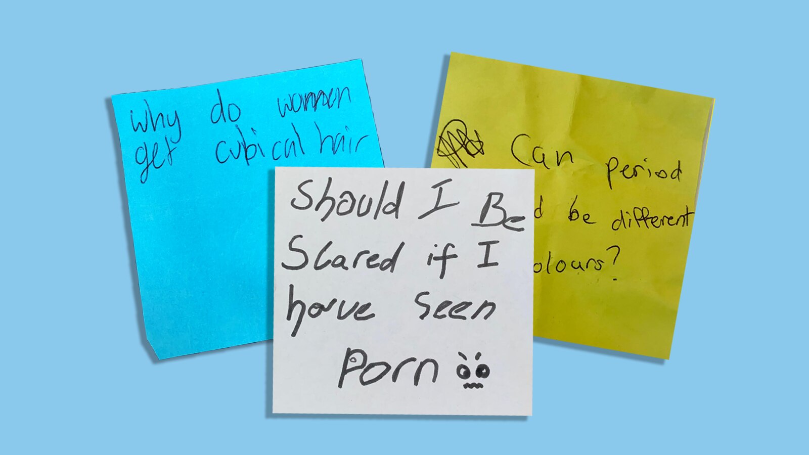 Three post it notes in blue, white and yellow, with questions about sex and puberty written on them in messy handwriting.