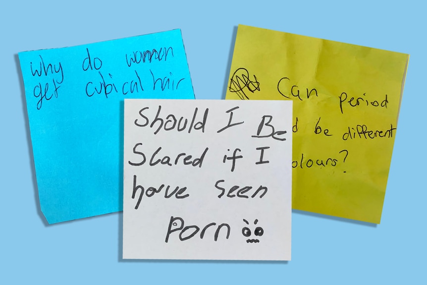Three post it notes in blue, white and yellow, with questions about sex and puberty written on them in messy handwriting.