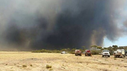 Thick black smoke rises over a paddock on which firefighting trucks are parked at Cascades, near Esperance.
